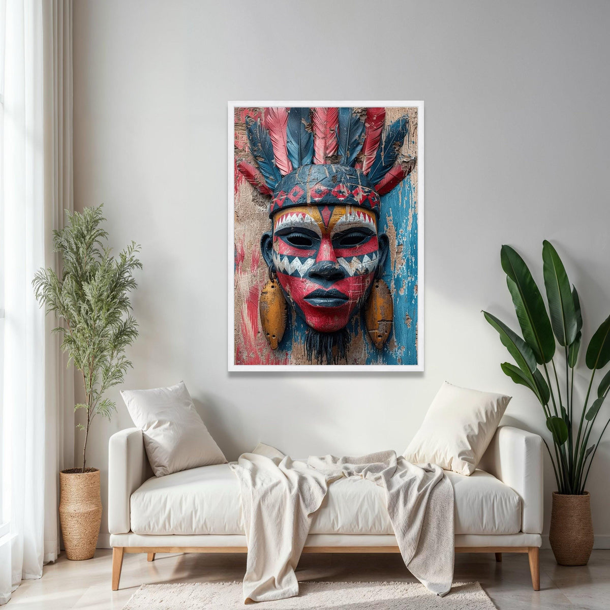 Tribal Face Mask Canvas Wall Art, African Ethnic Decor, Colorful Feather Headpiece, Cultural Canvas Art, Rustic Gift Art, Home Decor, Print