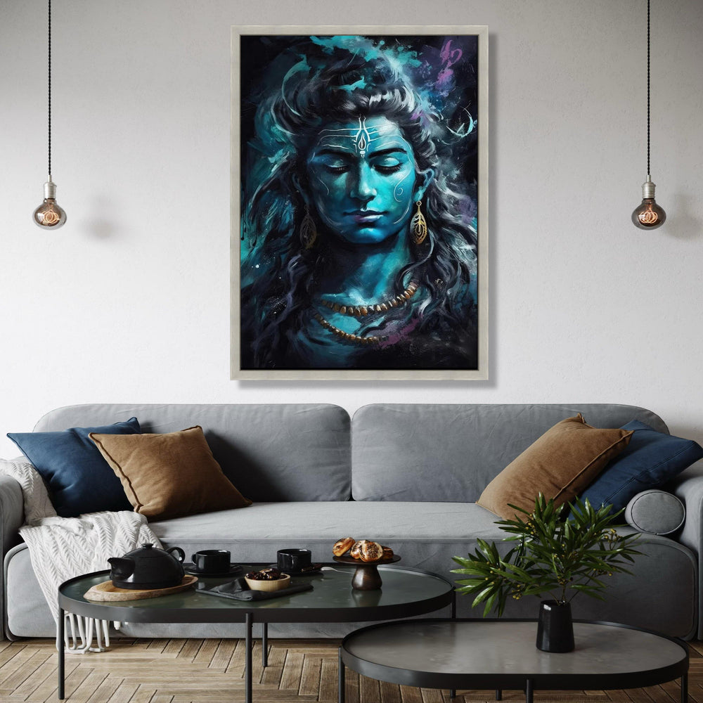 Meditative Lord Shiva Canvas, Blue Hindu Deity Wall Art, Spiritual Yoga Decor, Indian Mythology Painting, Gift Art, Home Decor, Print