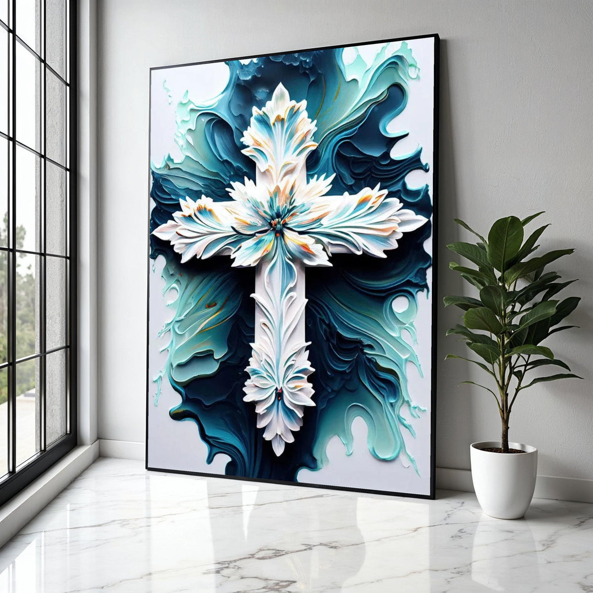 Ornate Floral Cross Canvas Wall Art, Abstract Blue and White Religious Decor, Intricate Christian Symbol Canvas, Gift Art, Home Decor, Print