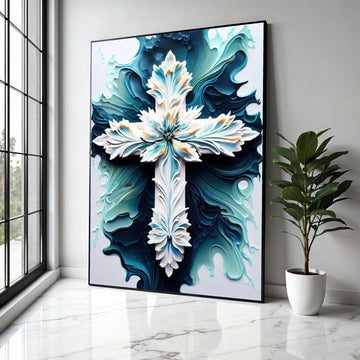 Ornate Floral Cross Canvas Wall Art, Abstract Blue and White Religious Decor, Intricate Christian Symbol Canvas, Gift Art, Home Decor, Print
