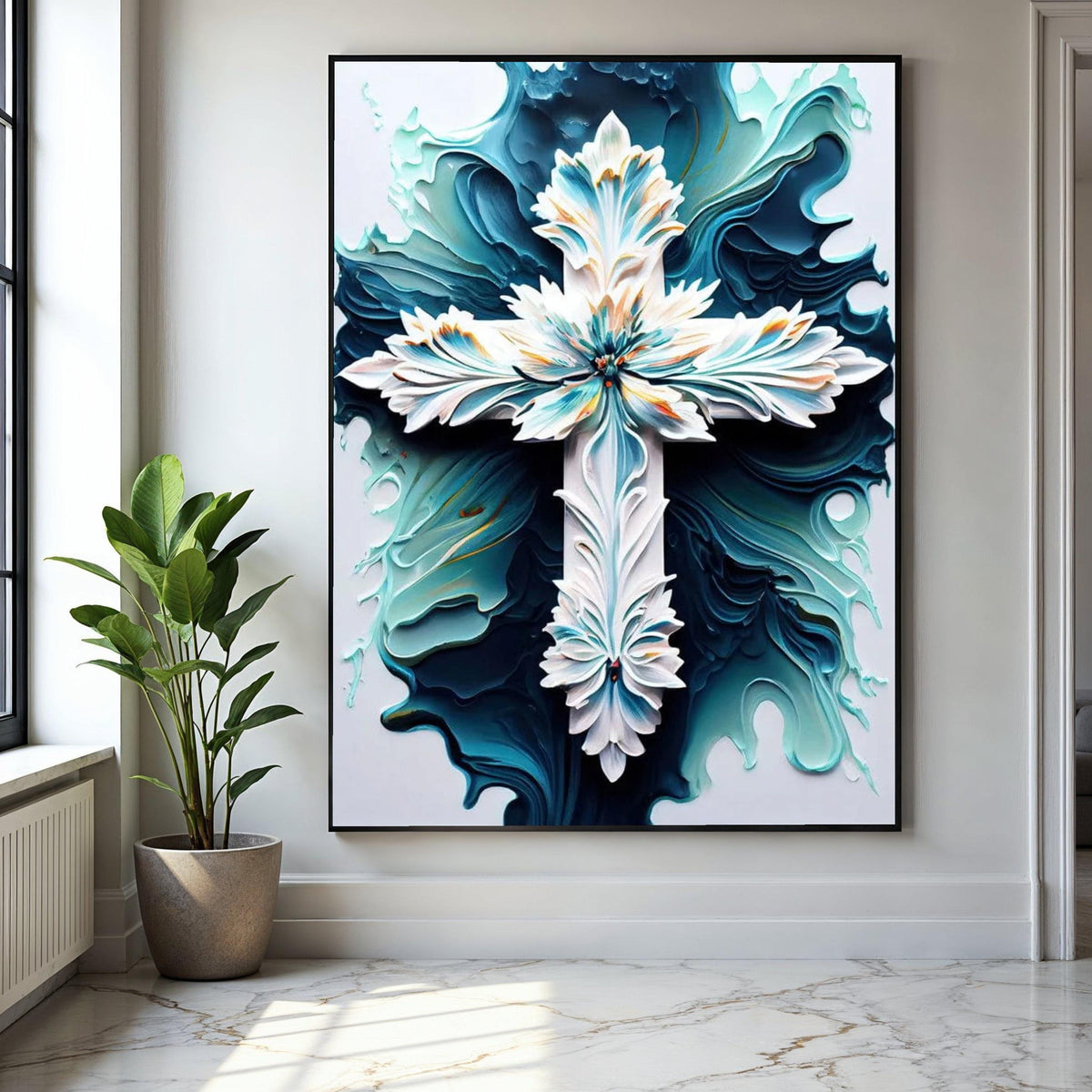 Ornate Floral Cross Canvas Wall Art, Abstract Blue and White Religious Decor, Intricate Christian Symbol Canvas, Gift Art, Home Decor, Print