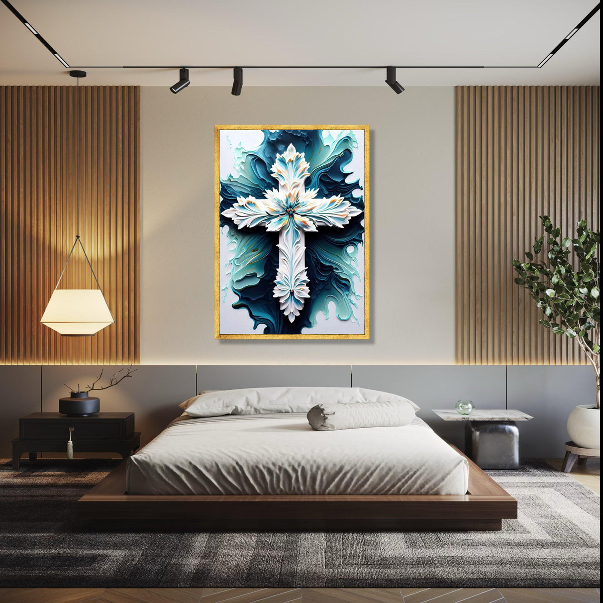 Ornate Floral Cross Canvas Wall Art, Abstract Blue and White Religious Decor, Intricate Christian Symbol Canvas, Gift Art, Home Decor, Print