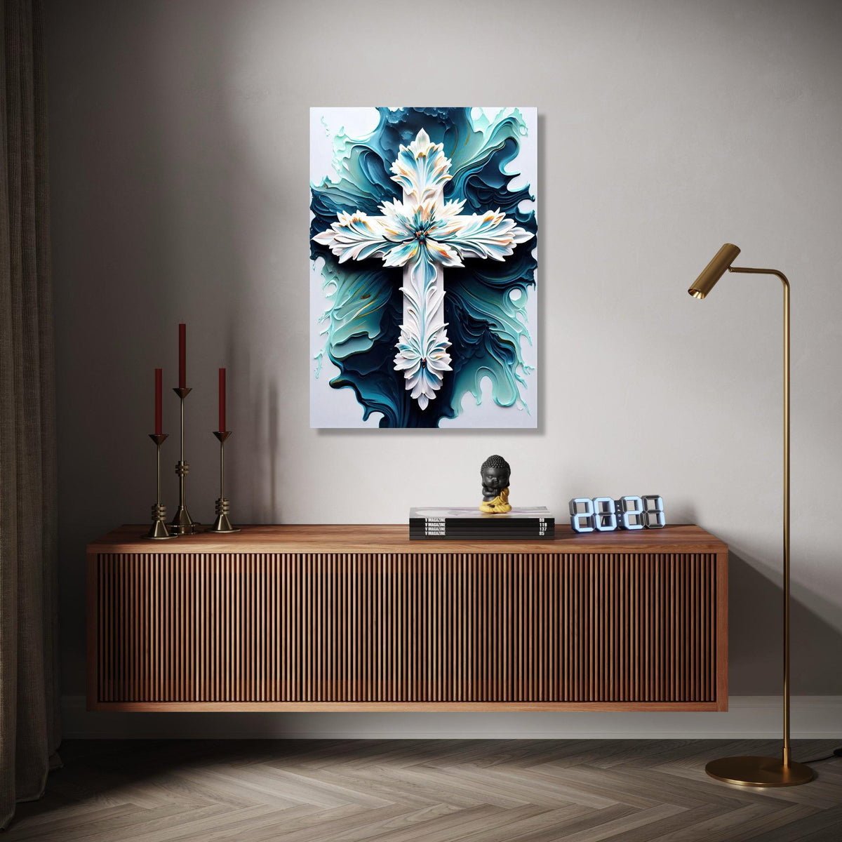 Ornate Floral Cross Canvas Wall Art, Abstract Blue and White Religious Decor, Intricate Christian Symbol Canvas, Gift Art, Home Decor, Print