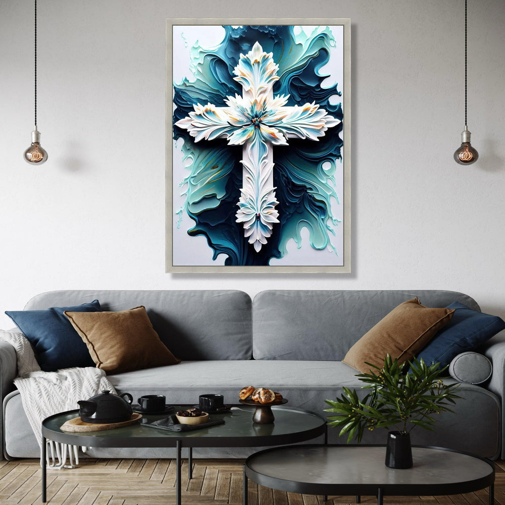 Ornate Floral Cross Canvas Wall Art, Abstract Blue and White Religious Decor, Intricate Christian Symbol Canvas, Gift Art, Home Decor, Print