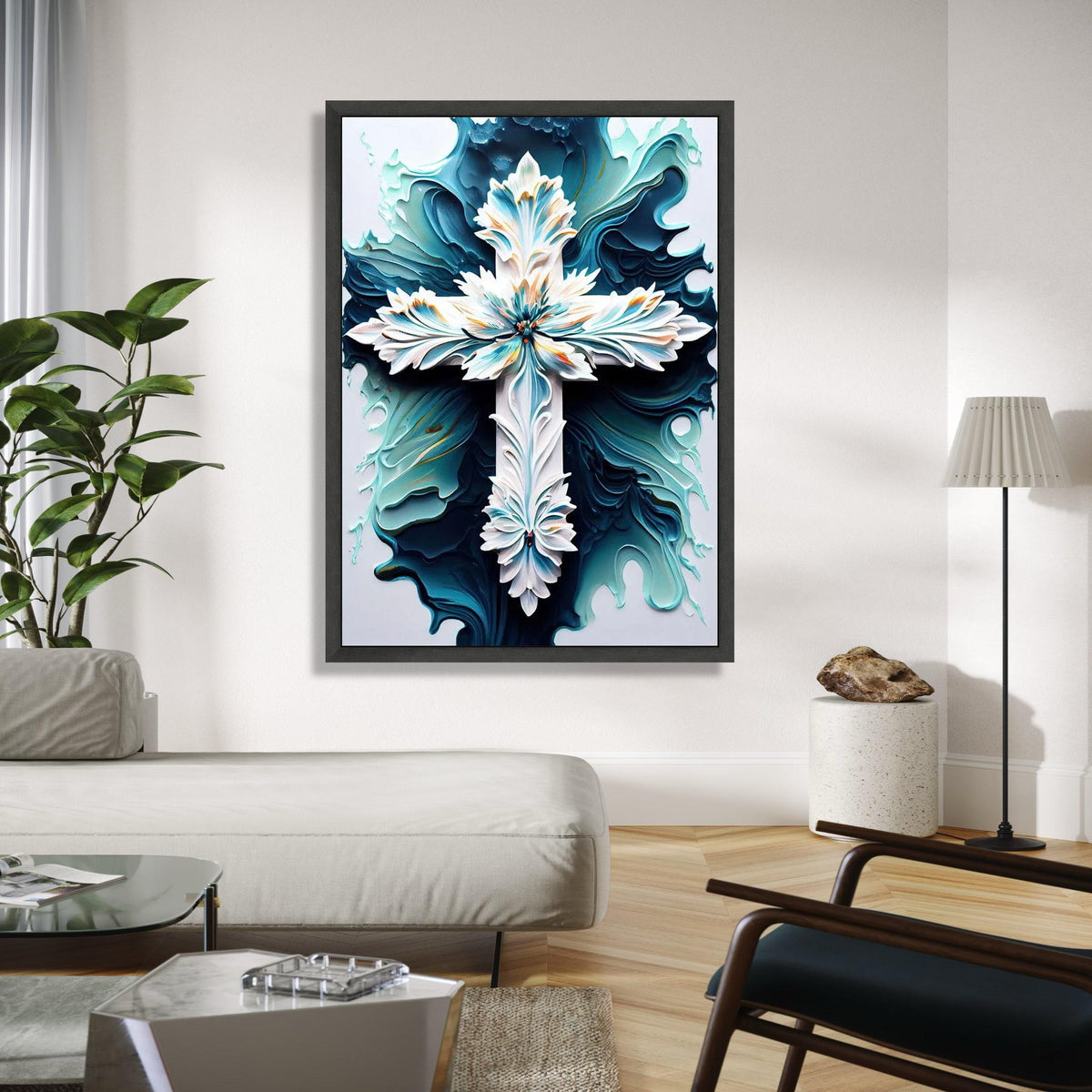 Ornate Floral Cross Canvas Wall Art, Abstract Blue and White Religious Decor, Intricate Christian Symbol Canvas, Gift Art, Home Decor, Print