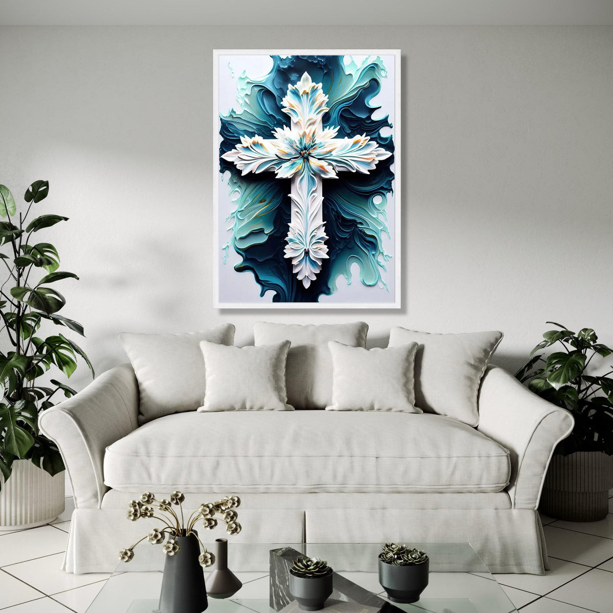 Ornate Floral Cross Canvas Wall Art, Abstract Blue and White Religious Decor, Intricate Christian Symbol Canvas, Gift Art, Home Decor, Print