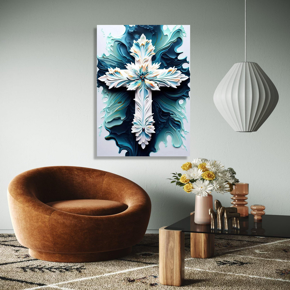 Ornate Floral Cross Canvas Wall Art, Abstract Blue and White Religious Decor, Intricate Christian Symbol Canvas, Gift Art, Home Decor, Print