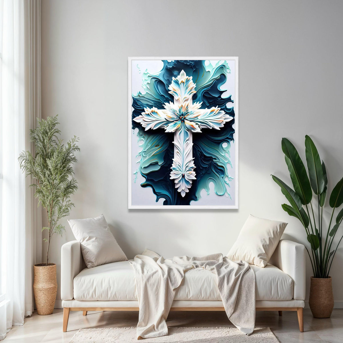 Ornate Floral Cross Canvas Wall Art, Abstract Blue and White Religious Decor, Intricate Christian Symbol Canvas, Gift Art, Home Decor, Print