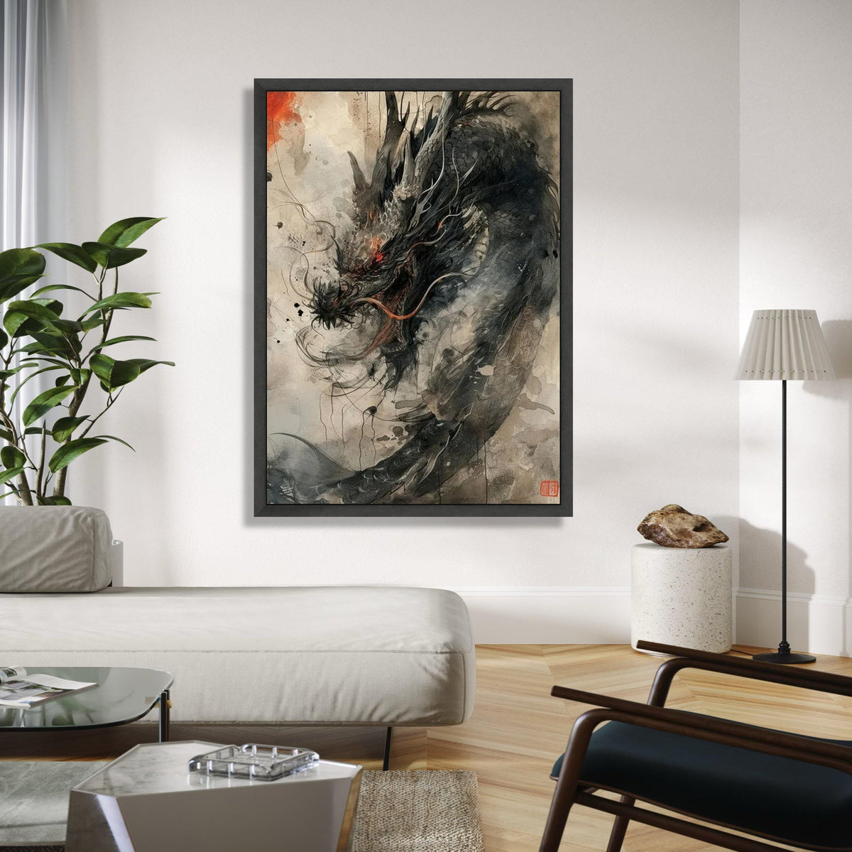 Fierce Dragon Canvas Wall Art, Asian Mythical Creature Painting, Fantasy Ink Brush Art, Oriental Dragon Home Gift Art, Home Decor, Print