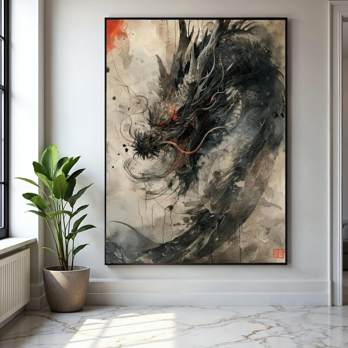 Fierce Dragon Canvas Wall Art, Asian Mythical Creature Painting, Fantasy Ink Brush Art, Oriental Dragon Home Gift Art, Home Decor, Print
