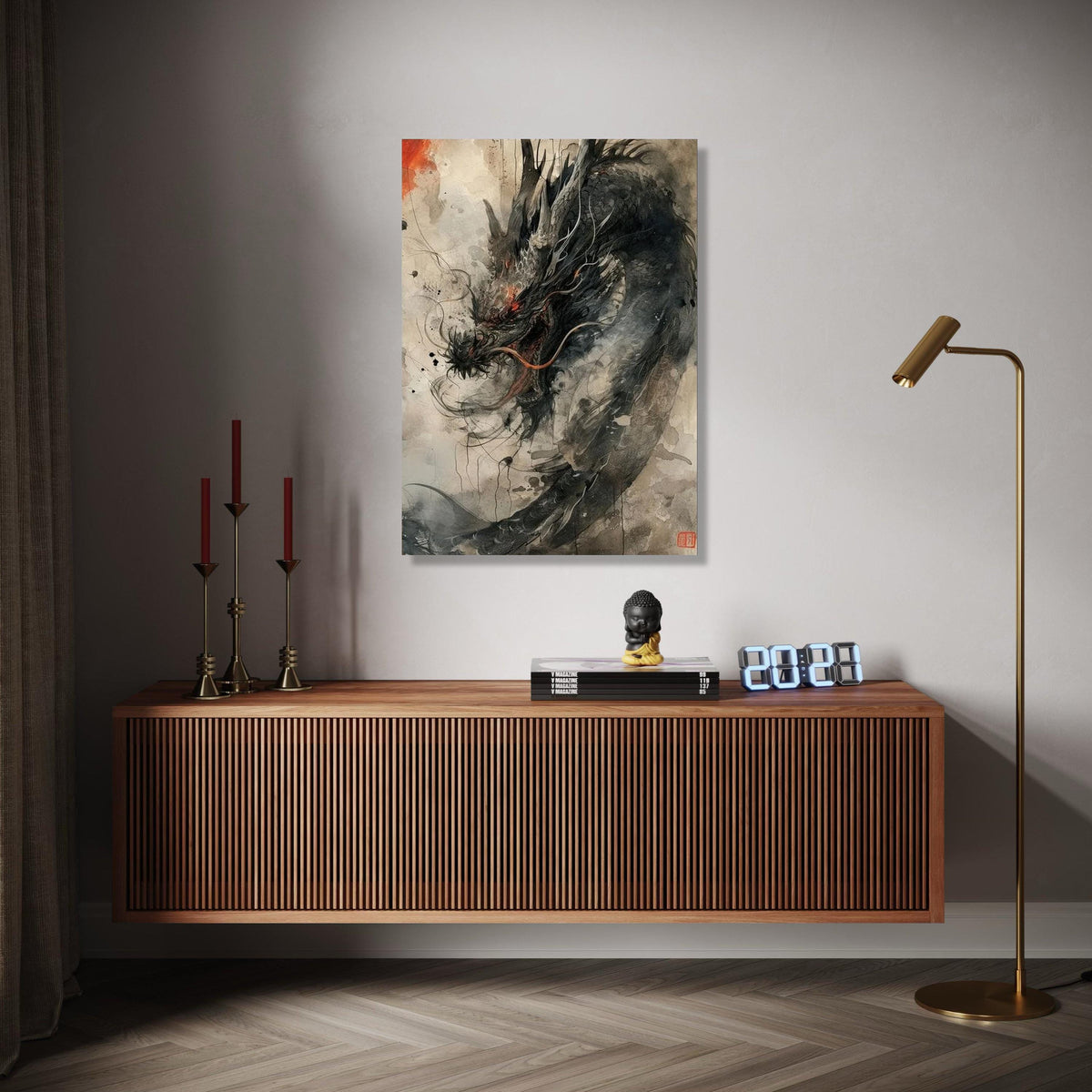 Fierce Dragon Canvas Wall Art, Asian Mythical Creature Painting, Fantasy Ink Brush Art, Oriental Dragon Home Gift Art, Home Decor, Print