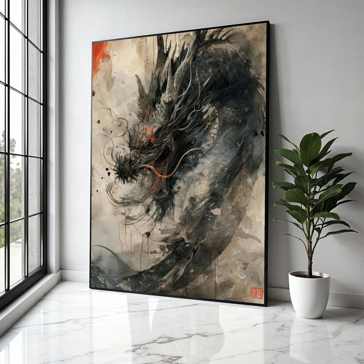 Fierce Dragon Canvas Wall Art, Asian Mythical Creature Painting, Fantasy Ink Brush Art, Oriental Dragon Home Gift Art, Home Decor, Print
