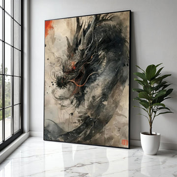 Fierce Dragon Canvas Wall Art, Asian Mythical Creature Painting, Fantasy Ink Brush Art, Oriental Dragon Home Gift Art, Home Decor, Print