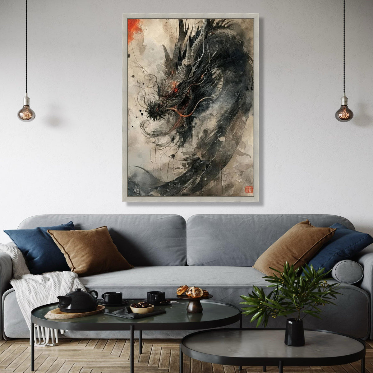 Fierce Dragon Canvas Wall Art, Asian Mythical Creature Painting, Fantasy Ink Brush Art, Oriental Dragon Home Gift Art, Home Decor, Print