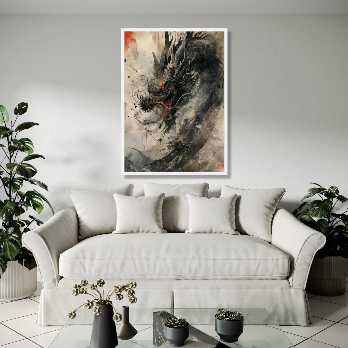 Fierce Dragon Canvas Wall Art, Asian Mythical Creature Painting, Fantasy Ink Brush Art, Oriental Dragon Home Gift Art, Home Decor, Print