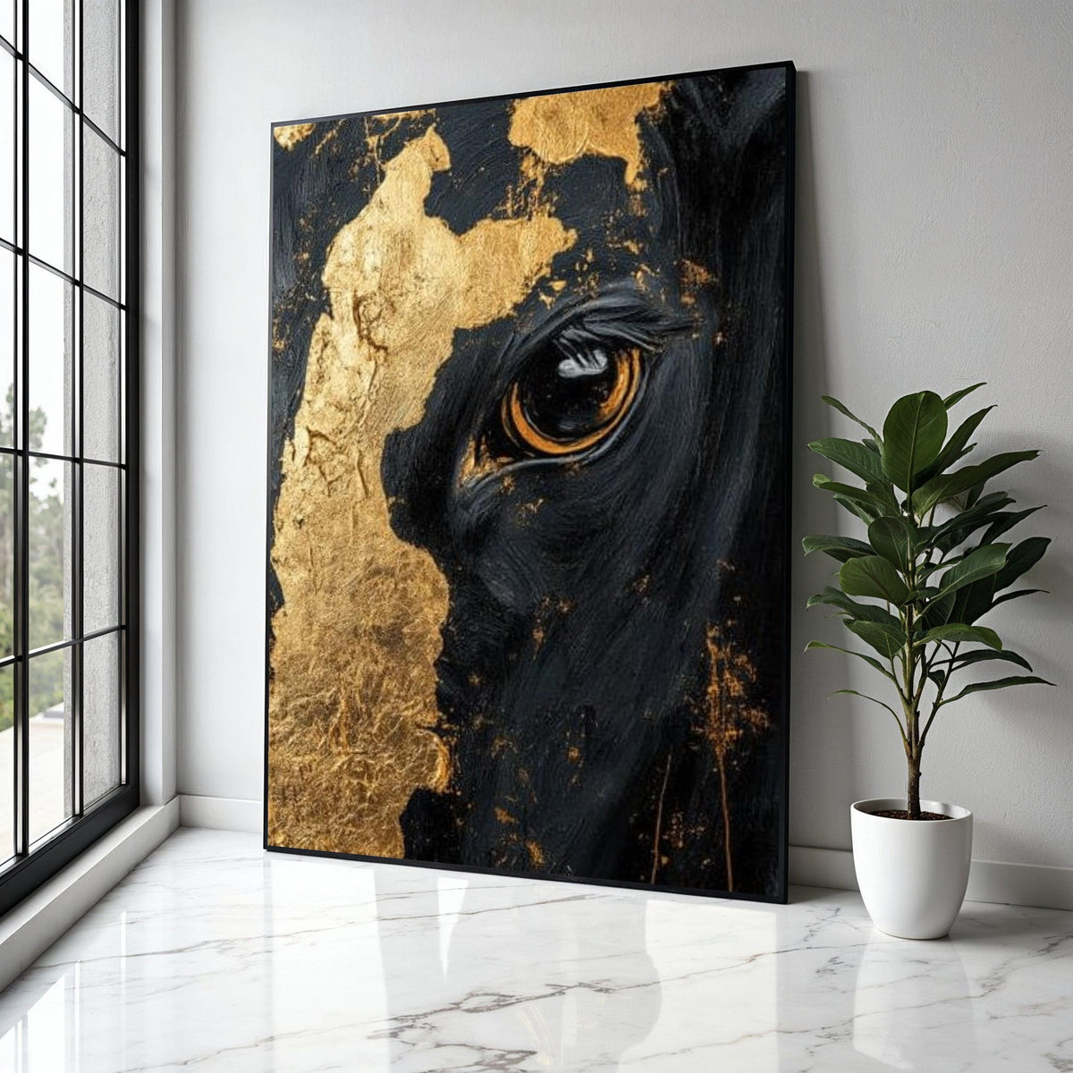 Majestic Black Horse Close-Up Canvas, Gold Leaf Detail Wall Art, Equine Portrait Canvas, Modern Animal Artwork, Gift Art, Home Decor, Print