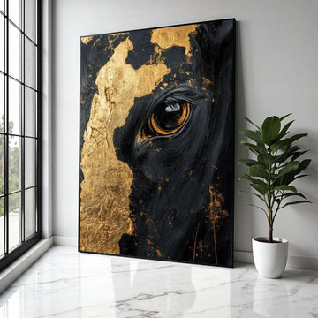 Majestic Black Horse Close-Up Canvas, Gold Leaf Detail Wall Art, Equine Portrait Canvas, Modern Animal Artwork, Gift Art, Home Decor, Print