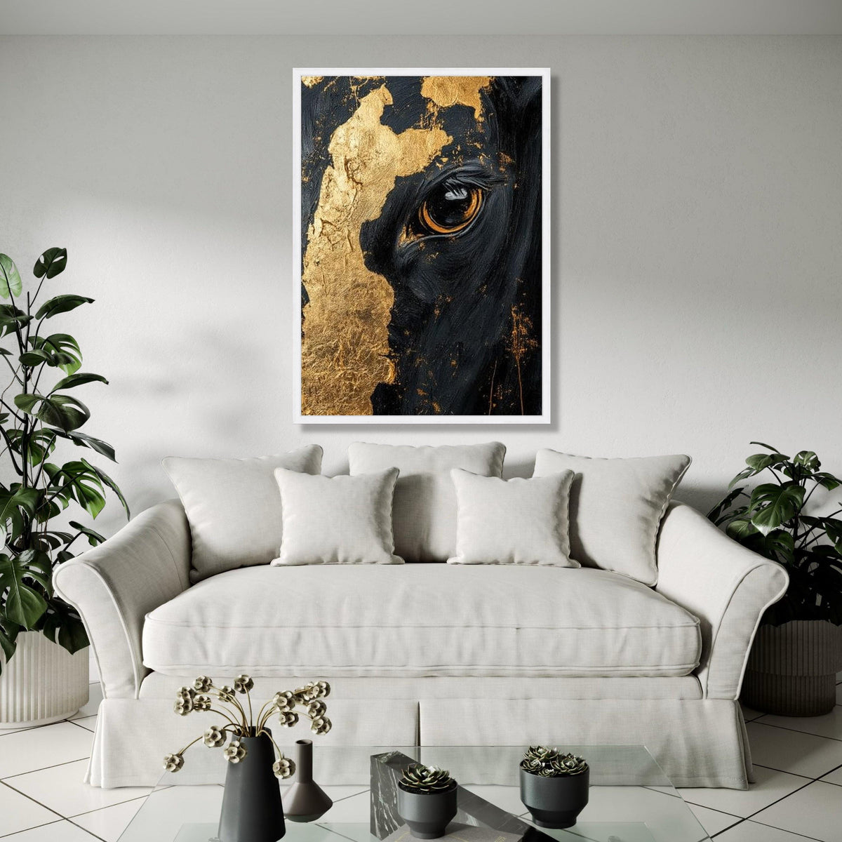 Majestic Black Horse Close-Up Canvas, Gold Leaf Detail Wall Art, Equine Portrait Canvas, Modern Animal Artwork, Gift Art, Home Decor, Print