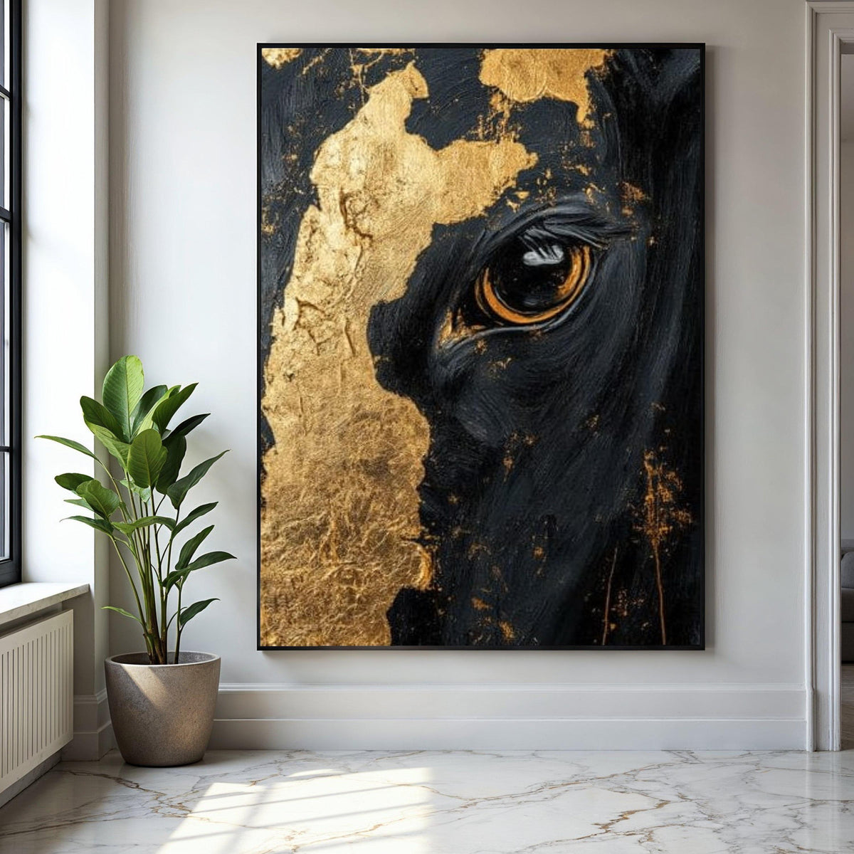 Majestic Black Horse Close-Up Canvas, Gold Leaf Detail Wall Art, Equine Portrait Canvas, Modern Animal Artwork, Gift Art, Home Decor, Print
