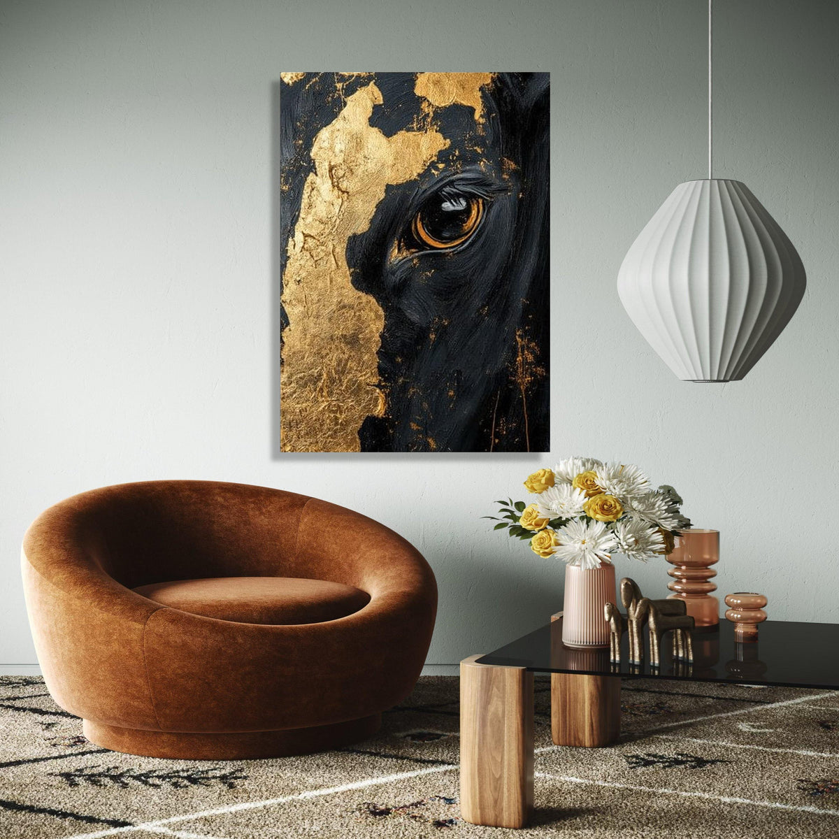 Majestic Black Horse Close-Up Canvas, Gold Leaf Detail Wall Art, Equine Portrait Canvas, Modern Animal Artwork, Gift Art, Home Decor, Print