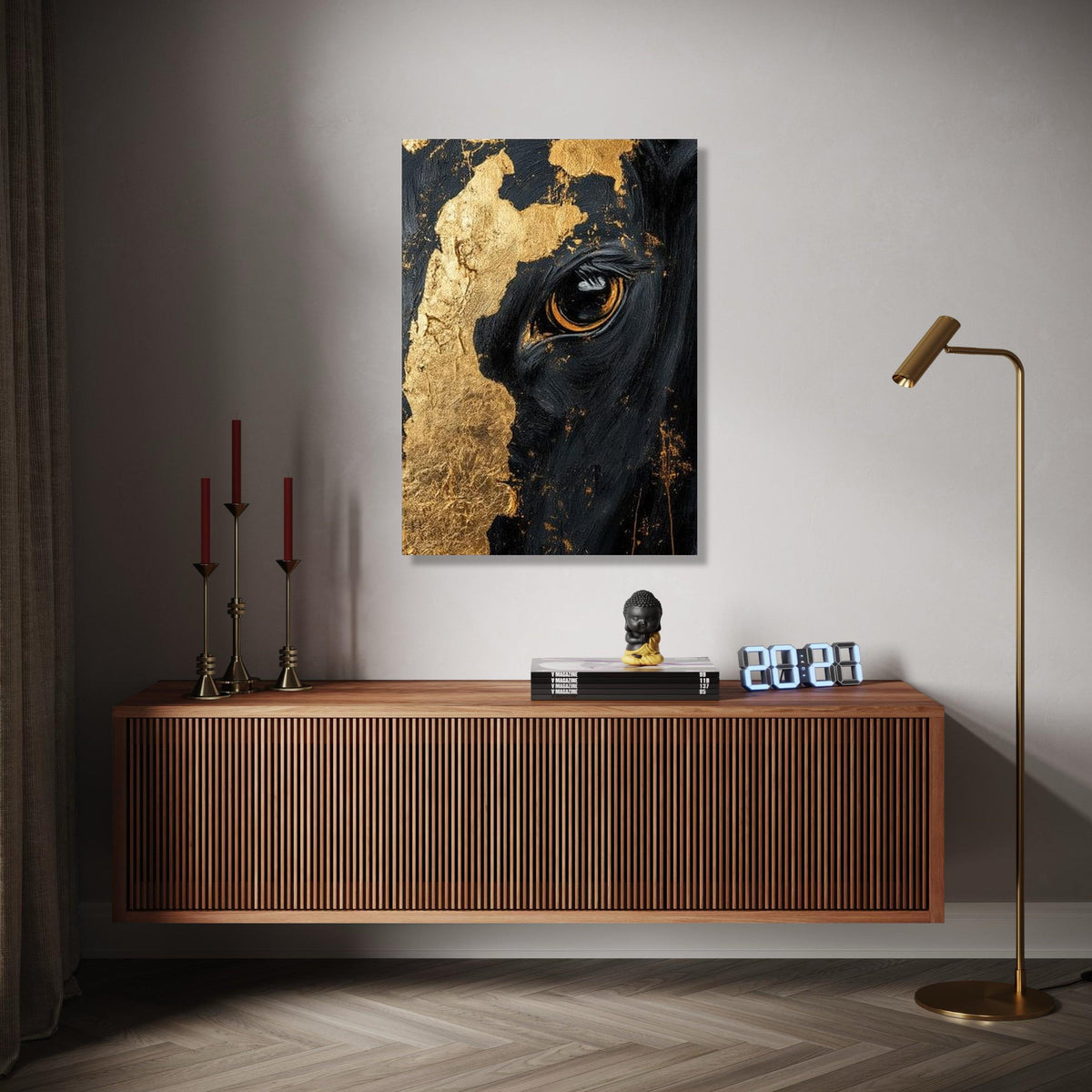 Majestic Black Horse Close-Up Canvas, Gold Leaf Detail Wall Art, Equine Portrait Canvas, Modern Animal Artwork, Gift Art, Home Decor, Print