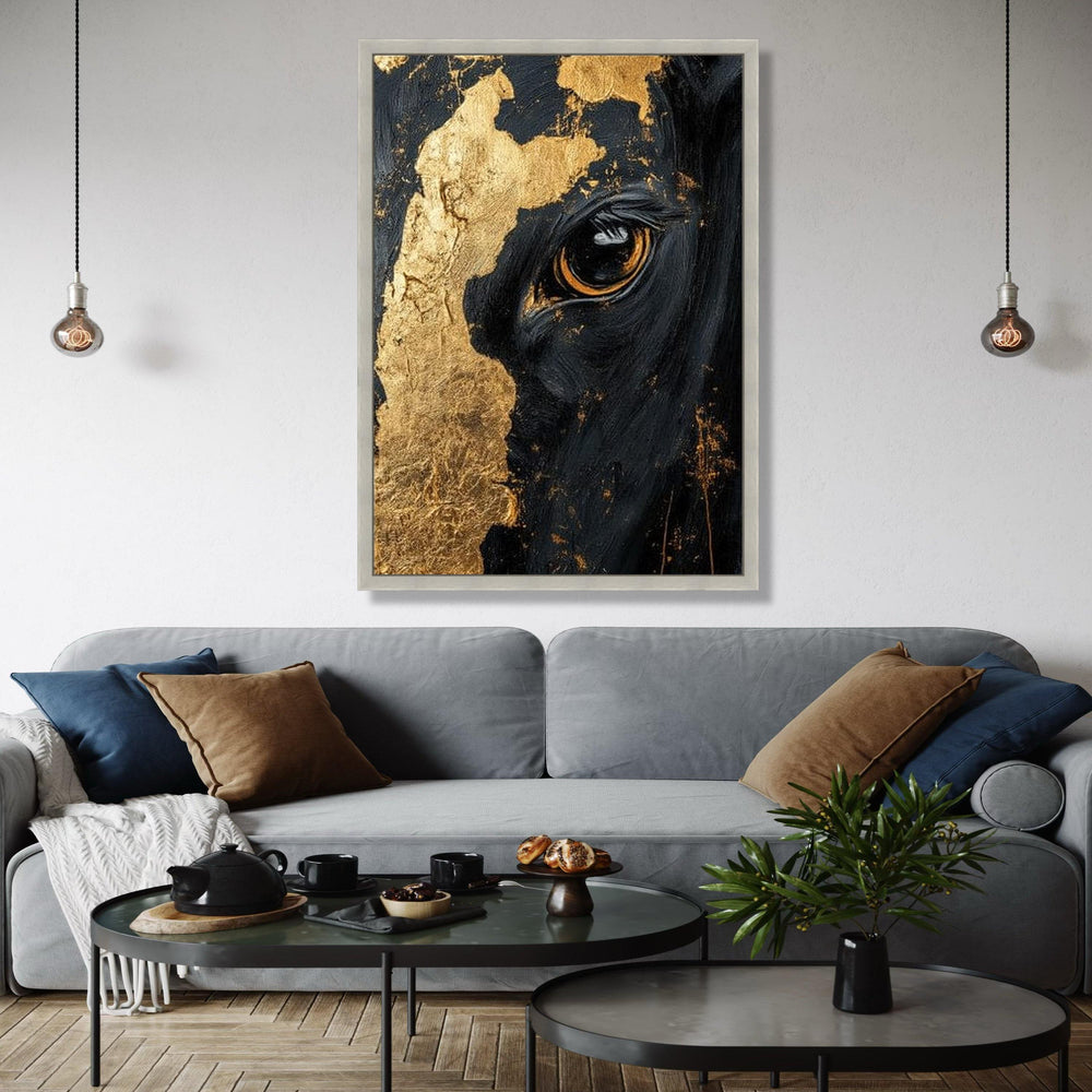 Majestic Black Horse Close-Up Canvas, Gold Leaf Detail Wall Art, Equine Portrait Canvas, Modern Animal Artwork, Gift Art, Home Decor, Print