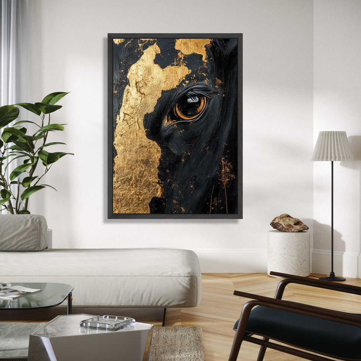 Majestic Black Horse Close-Up Canvas, Gold Leaf Detail Wall Art, Equine Portrait Canvas, Modern Animal Artwork, Gift Art, Home Decor, Print