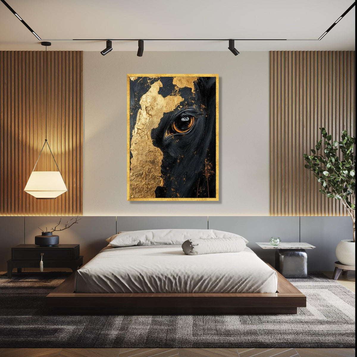 Majestic Black Horse Close-Up Canvas, Gold Leaf Detail Wall Art, Equine Portrait Canvas, Modern Animal Artwork, Gift Art, Home Decor, Print