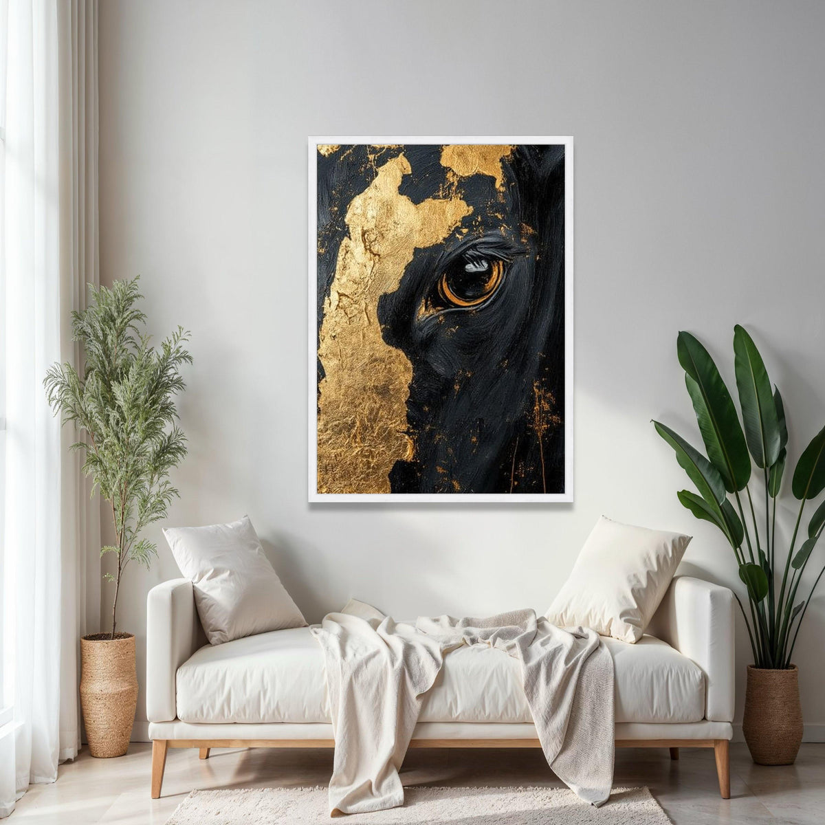 Majestic Black Horse Close-Up Canvas, Gold Leaf Detail Wall Art, Equine Portrait Canvas, Modern Animal Artwork, Gift Art, Home Decor, Print