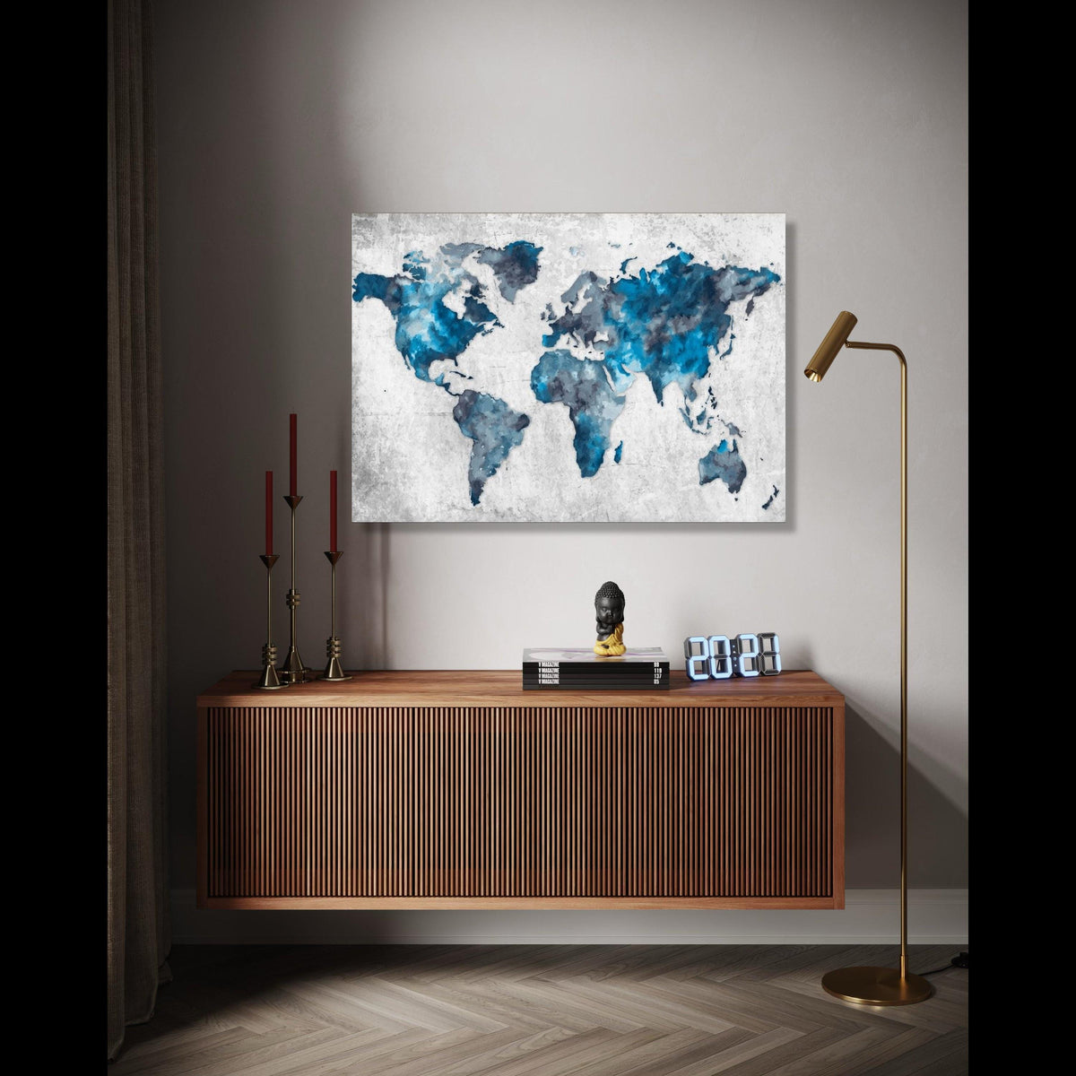 Abstract Blue World Map Canvas, Modern Global Art Print, Watercolor Style Wall Art, Travel Decor, Geographic Gift Art, Home Decor, Print