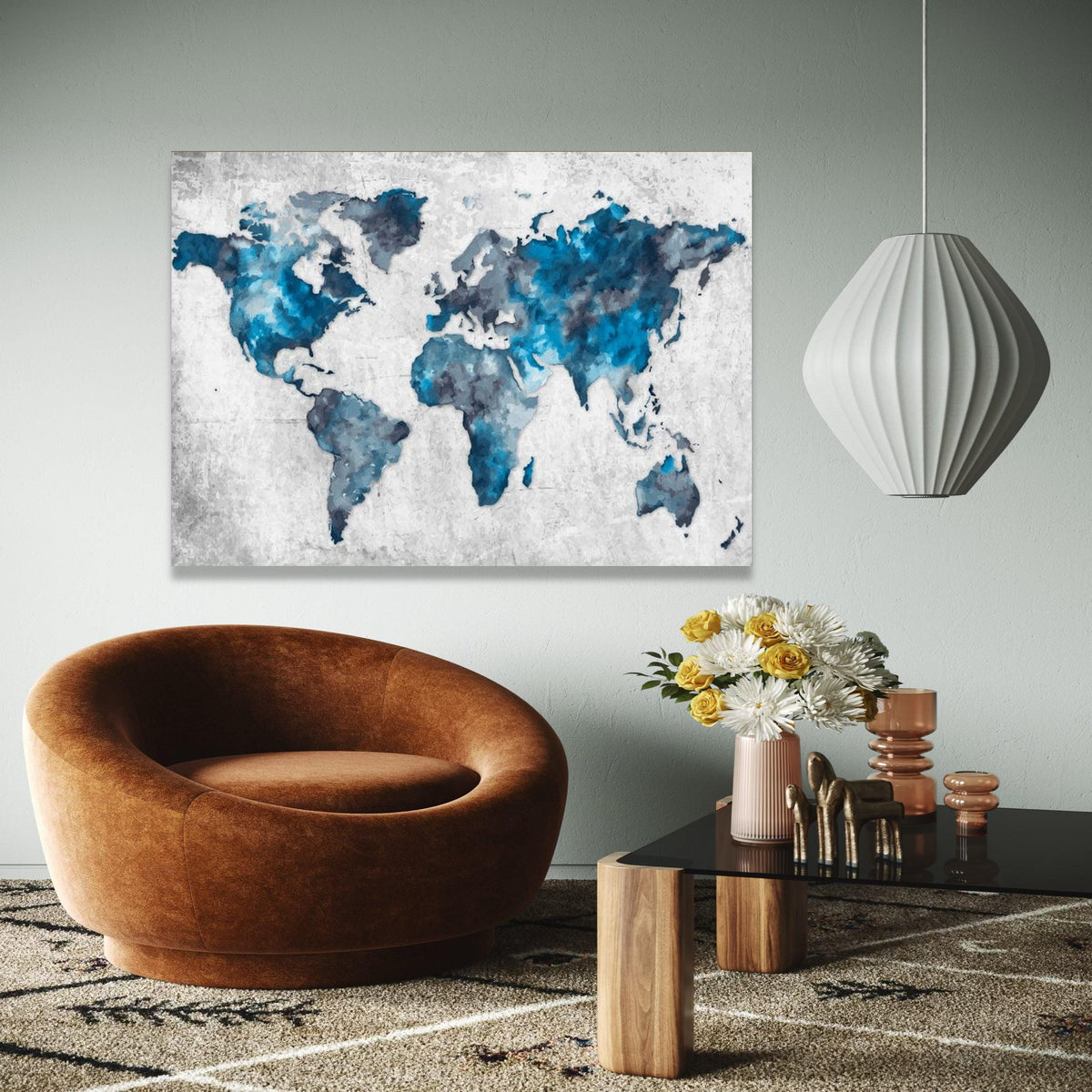 Abstract Blue World Map Canvas, Modern Global Art Print, Watercolor Style Wall Art, Travel Decor, Geographic Gift Art, Home Decor, Print
