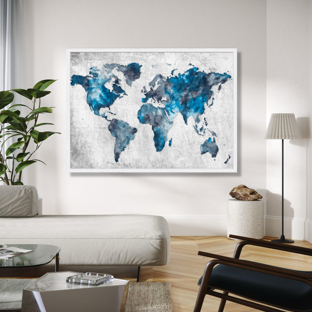 Abstract Blue World Map Canvas, Modern Global Art Print, Watercolor Style Wall Art, Travel Decor, Geographic Gift Art, Home Decor, Print