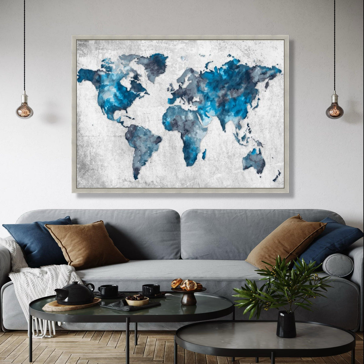 Abstract Blue World Map Canvas, Modern Global Art Print, Watercolor Style Wall Art, Travel Decor, Geographic Gift Art, Home Decor, Print