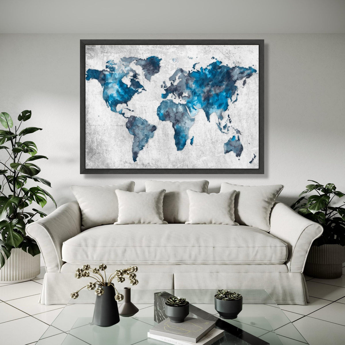 Abstract Blue World Map Canvas, Modern Global Art Print, Watercolor Style Wall Art, Travel Decor, Geographic Gift Art, Home Decor, Print