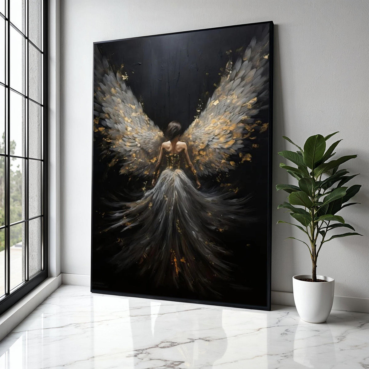 Elegant Angel Wings Canvas, Fantasy Woman Artwork, Ethereal Feathered Dress Wall Art, Black and Gold Decor, Gift Art, Home Decor, Print