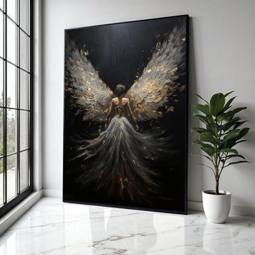 Elegant Angel Wings Canvas, Fantasy Woman Artwork, Ethereal Feathered Dress Wall Art, Black and Gold Decor, Gift Art, Home Decor, Print