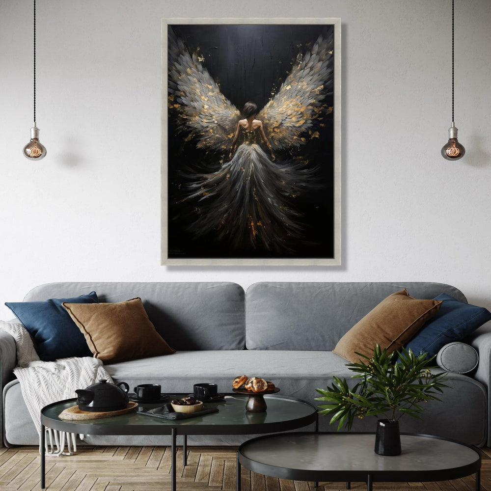 Elegant Angel Wings Canvas, Fantasy Woman Artwork, Ethereal Feathered Dress Wall Art, Black and Gold Decor, Gift Art, Home Decor, Print