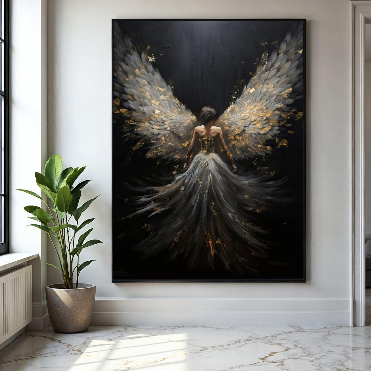 Elegant Angel Wings Canvas, Fantasy Woman Artwork, Ethereal Feathered Dress Wall Art, Black and Gold Decor, Gift Art, Home Decor, Print