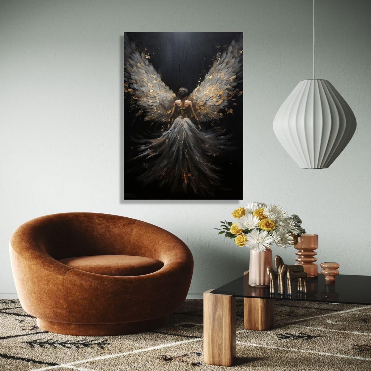Elegant Angel Wings Canvas, Fantasy Woman Artwork, Ethereal Feathered Dress Wall Art, Black and Gold Decor, Gift Art, Home Decor, Print