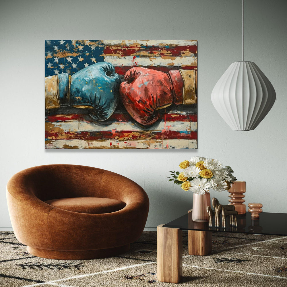 Vintage Boxing Gloves Canvas, American Flag Background, Patriotic Sports Wall Art, Fighting Spirit Canvas, Home Gift Art, Home Decor, Print