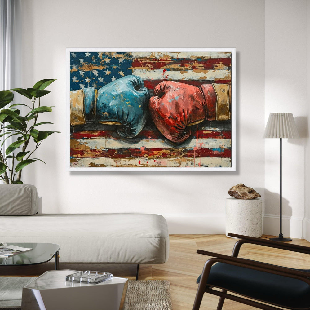 Vintage Boxing Gloves Canvas, American Flag Background, Patriotic Sports Wall Art, Fighting Spirit Canvas, Home Gift Art, Home Decor, Print
