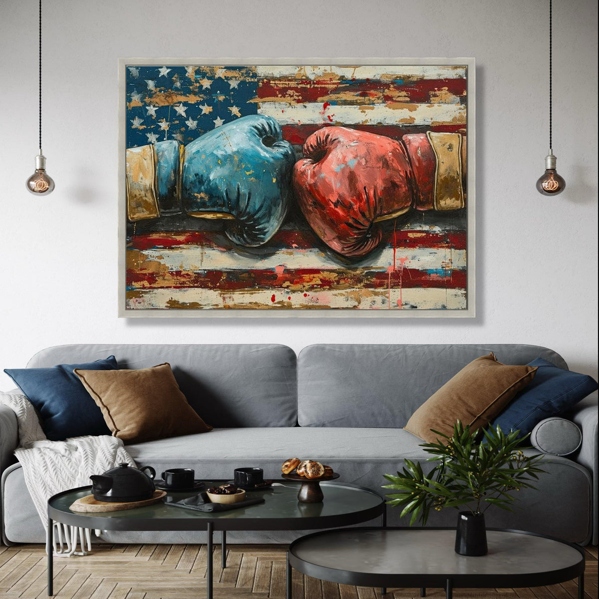 Vintage Boxing Gloves Canvas, American Flag Background, Patriotic Sports Wall Art, Fighting Spirit Canvas, Home Gift Art, Home Decor, Print