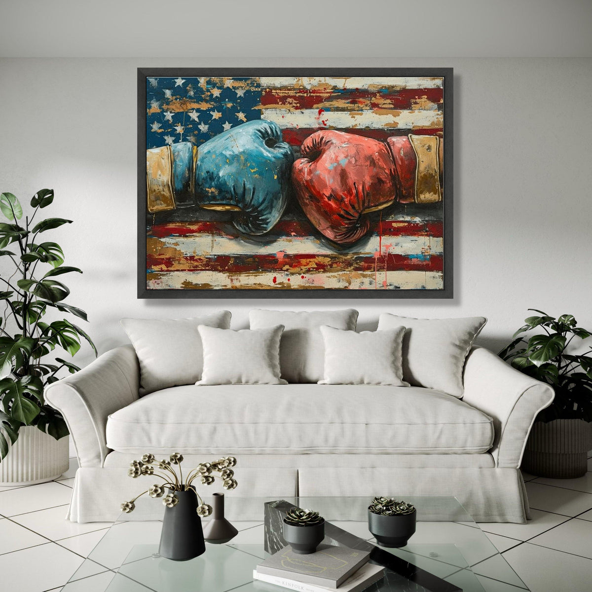 Vintage Boxing Gloves Canvas, American Flag Background, Patriotic Sports Wall Art, Fighting Spirit Canvas, Home Gift Art, Home Decor, Print