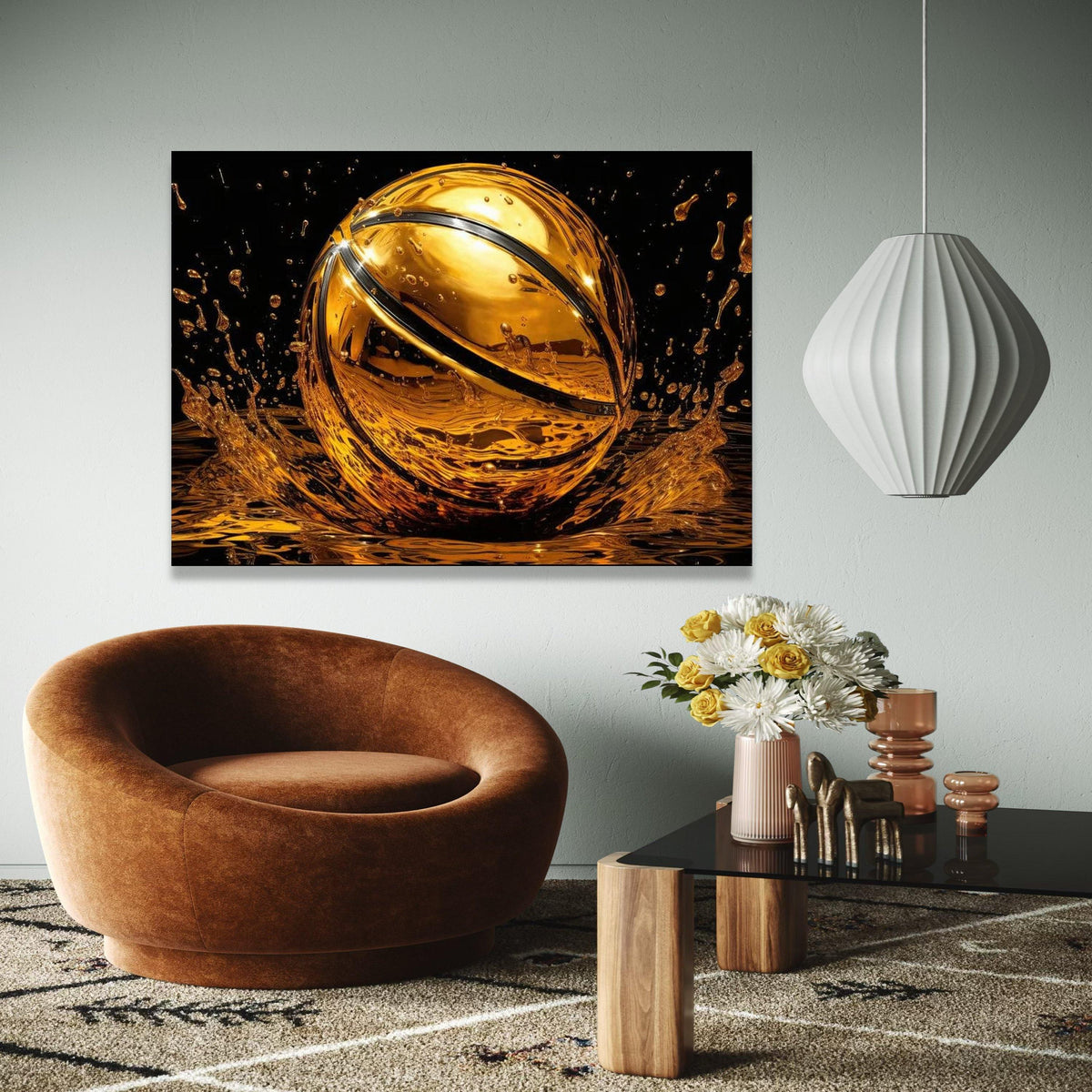 Golden Basketball Splash Canvas Wall Art, Sports Decor, Modern Athletic Room Decoration, Dynamic Water Effect, Gift Art, Home Decor, Print