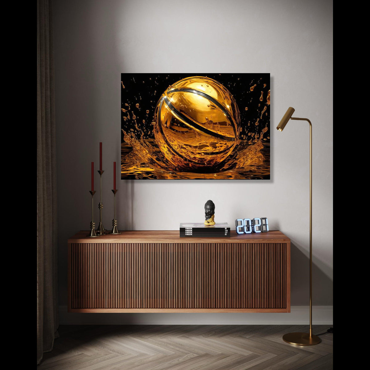 Golden Basketball Splash Canvas Wall Art, Sports Decor, Modern Athletic Room Decoration, Dynamic Water Effect, Gift Art, Home Decor, Print