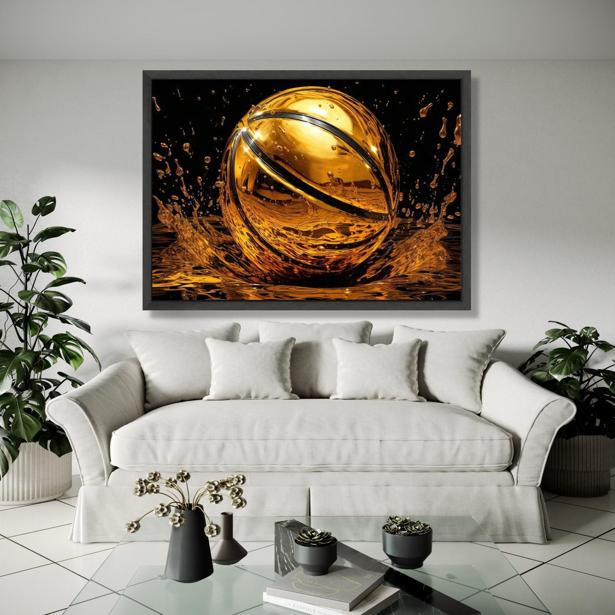 Golden Basketball Splash Canvas Wall Art, Sports Decor, Modern Athletic Room Decoration, Dynamic Water Effect, Gift Art, Home Decor, Print