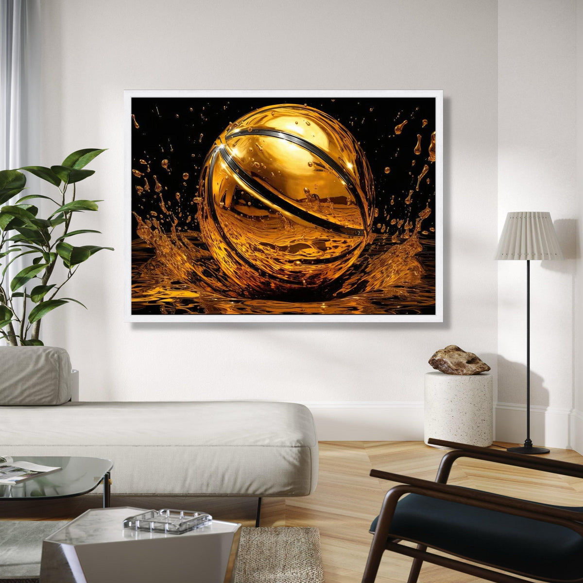 Golden Basketball Splash Canvas Wall Art, Sports Decor, Modern Athletic Room Decoration, Dynamic Water Effect, Gift Art, Home Decor, Print