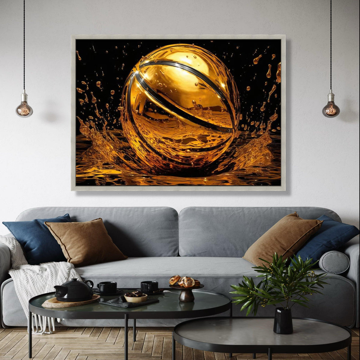 Golden Basketball Splash Canvas Wall Art, Sports Decor, Modern Athletic Room Decoration, Dynamic Water Effect, Gift Art, Home Decor, Print