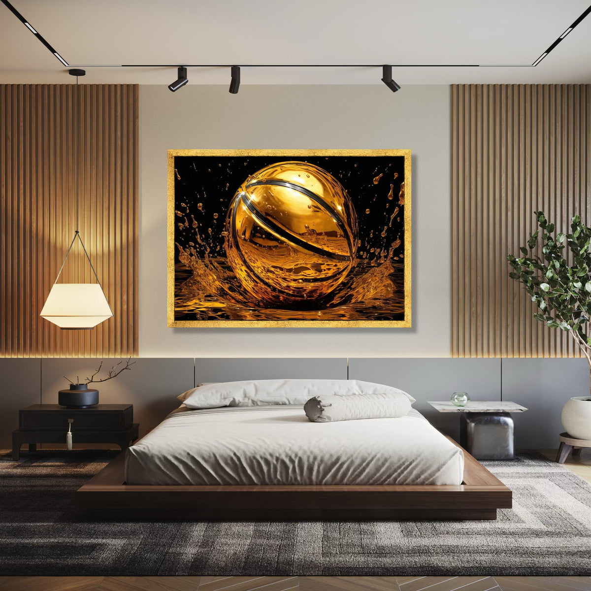 Golden Basketball Splash Canvas Wall Art, Sports Decor, Modern Athletic Room Decoration, Dynamic Water Effect, Gift Art, Home Decor, Print