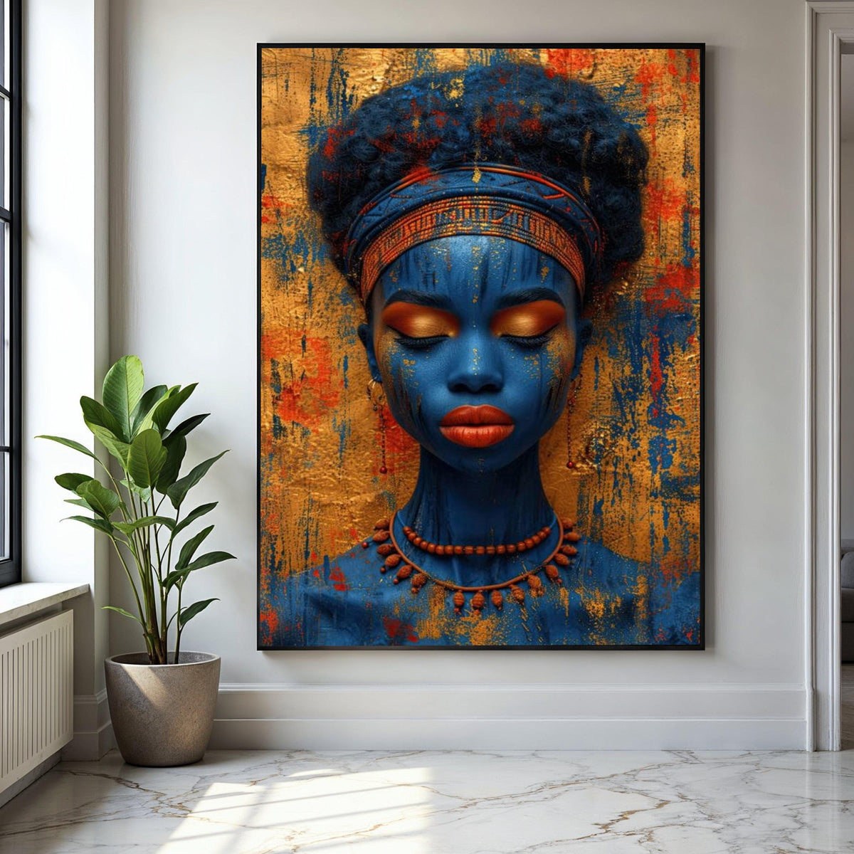 Vibrant Blue Tribal Woman Canvas, African Art Portrait Wall Decor, Ethnic Face Paint Canvas, Colorful Cultural Gift Art, Home Decor, Print